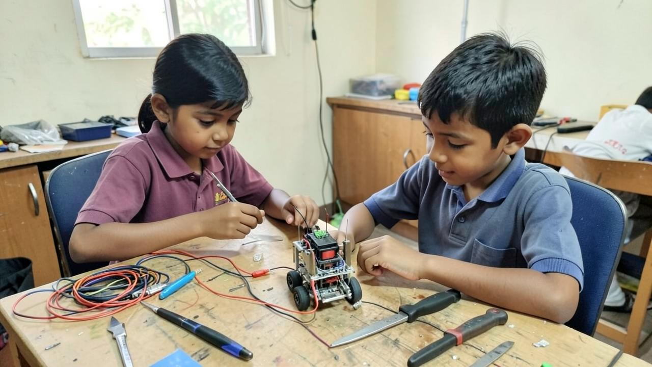 Two Brighton students assembling a small robot in the tinkering lab