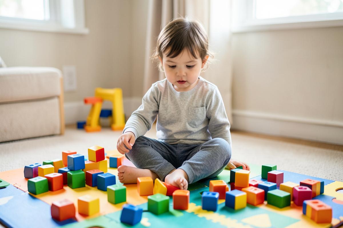 A young child playing with colourful building blocks on a mat