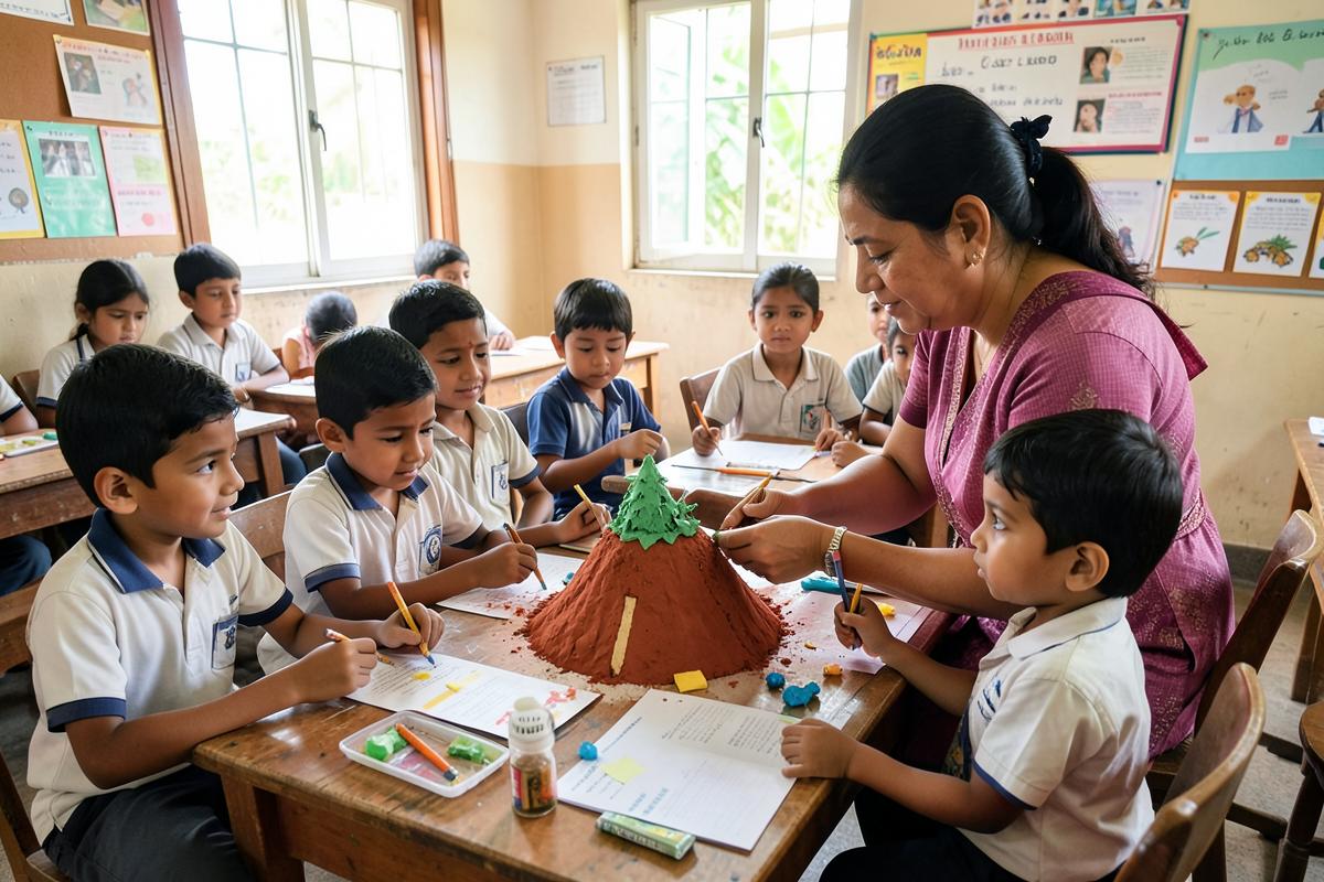 A teacher helping primary students build a model volcano