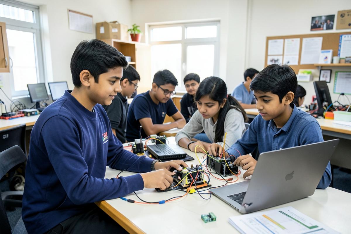 Students working with a robotics kit and laptop in the innovation lab