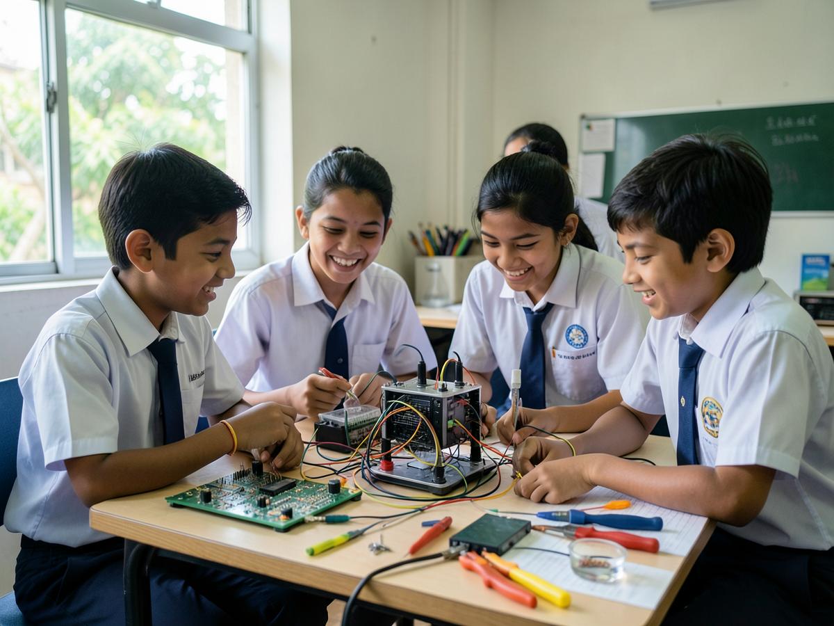 Students building a project in the tinkering lab
