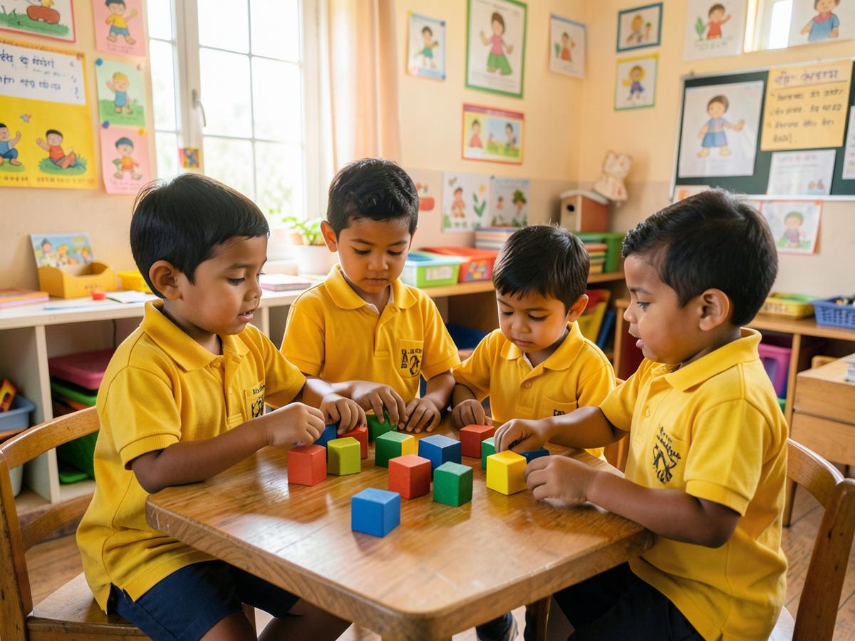Pre-primary children building with wooden blocks in class