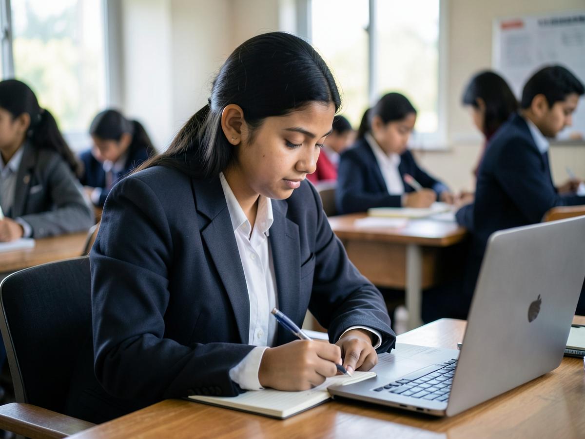 A senior secondary student studying with a laptop and notebook