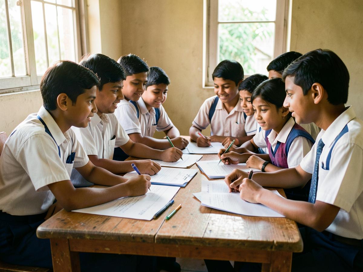 School children working together on a project at a shared table
