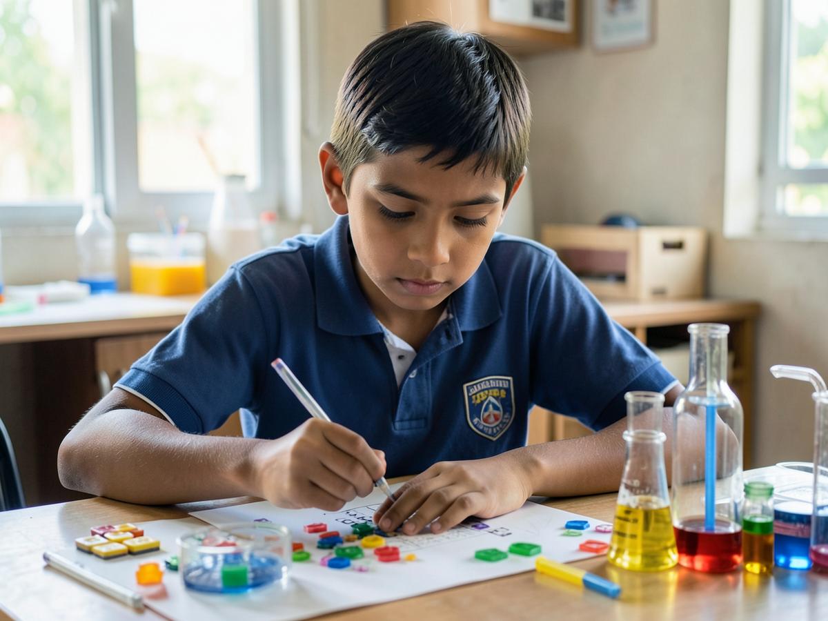 A student concentrating on a science activity at a desk