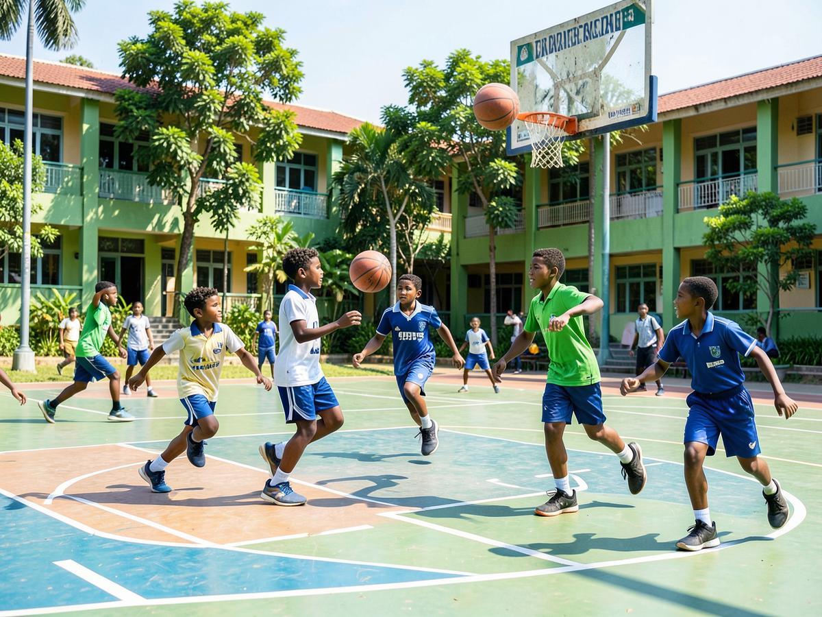 Students playing basketball on the school court