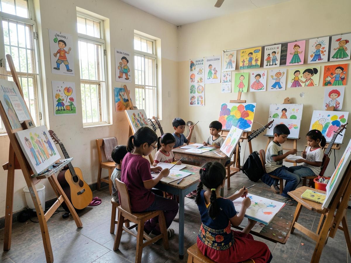 Children painting in the art and music room