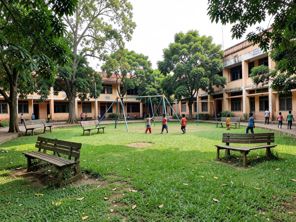 Green lawns and shaded play areas on campus